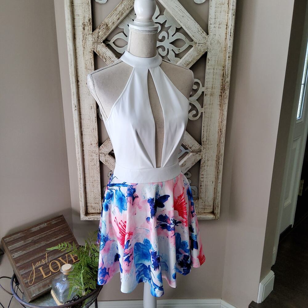 Banjul Blue Pink Floral Open Back Halter Cutout Skater Mini Dress Large Glam NWT